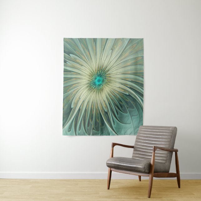 Abstract Sage Green Fantasy Flower Fractal Art Tapestry (In Situ)