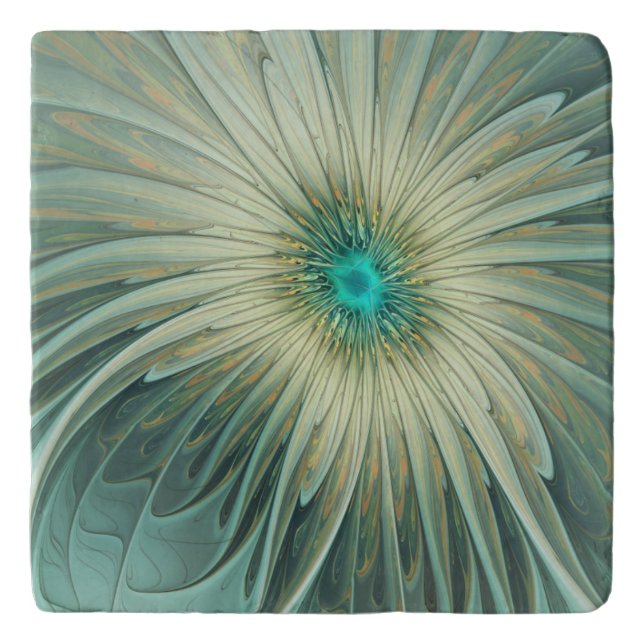 Abstract Sage Green Fantasy Flower Fractal Art Trivet (Front)
