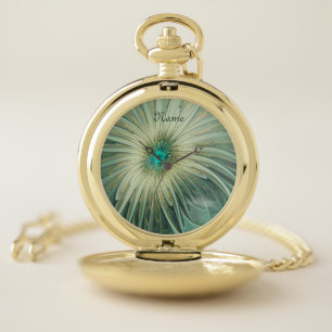 Abstract Sage Green Fantasy Flower Fractal Name Pocket Watch