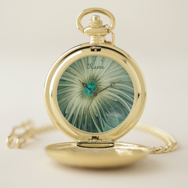 Abstract Sage Green Fantasy Flower Fractal Name Pocket Watch (Inside)