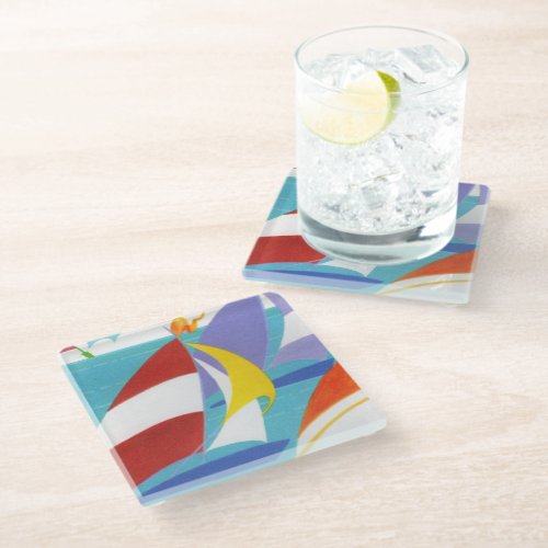 Abstract Sailboats in Bright Colors in Water Glass Coaster