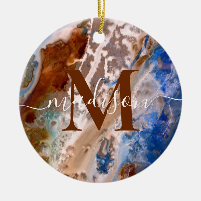 Abstract sandy beach pattern water foam monogram ceramic ornament (Front)