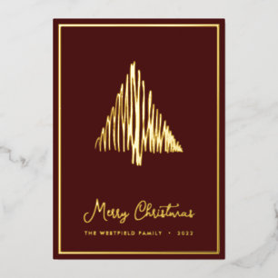 Abstract Scandi Christmas Tree Burgundy Gold Foil Holiday Card