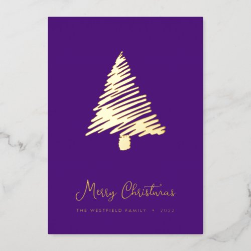 Abstract Scandi Christmas Tree Royal Purple Gold Foil Holiday Card