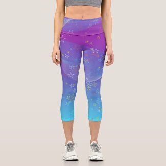 Abstract Scattered Stars on Purple to Blue Ombre  Capri Leggings