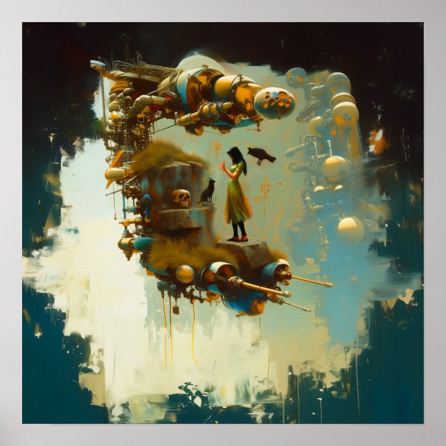 Abstract SciFi Cat Raven Witchy AI Art Matte Value Poster (Front)