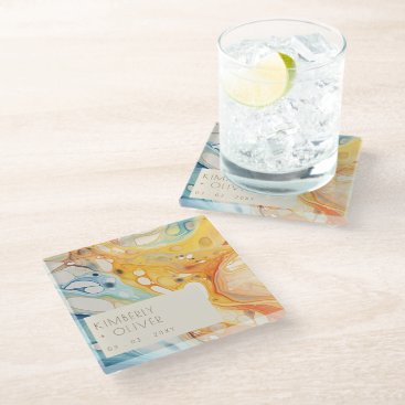 Abstract Sea Waves and Sand Stones Beach Wedding Glass Coaster