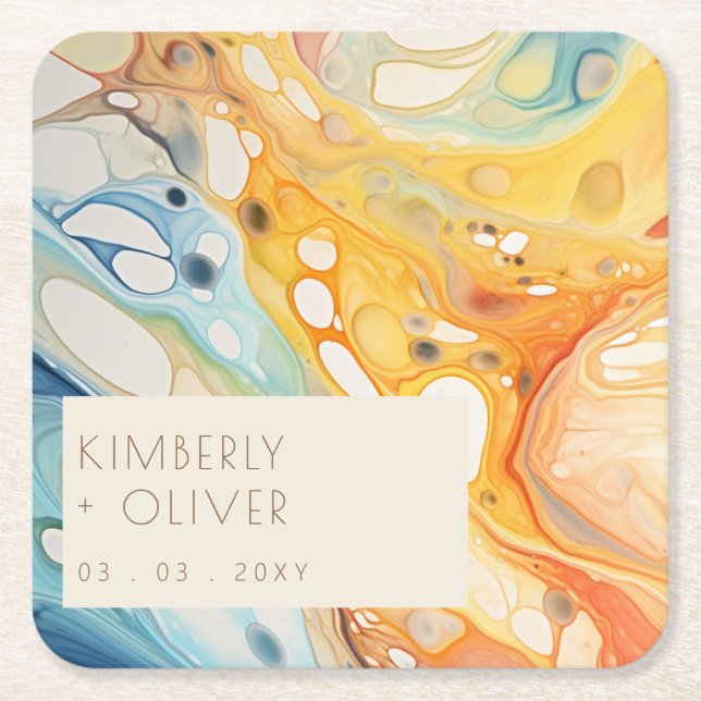 Abstract Sea Waves and Sand Stones Beach Wedding Square Paper Coaster (Front)