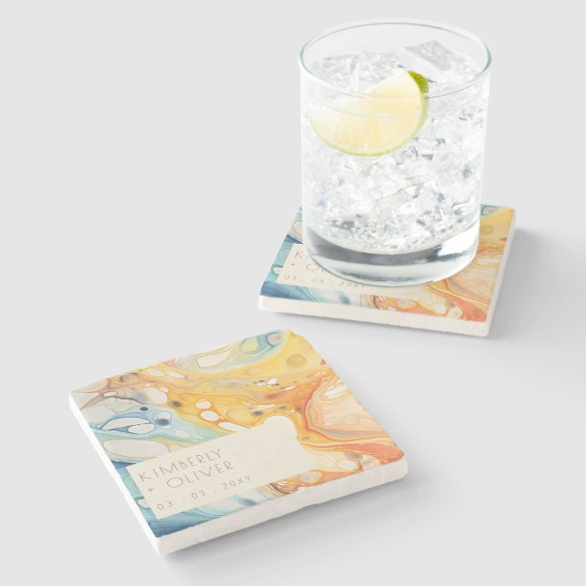 Abstract Sea Waves and Sand Stones Beach Wedding Stone Coaster (Side)