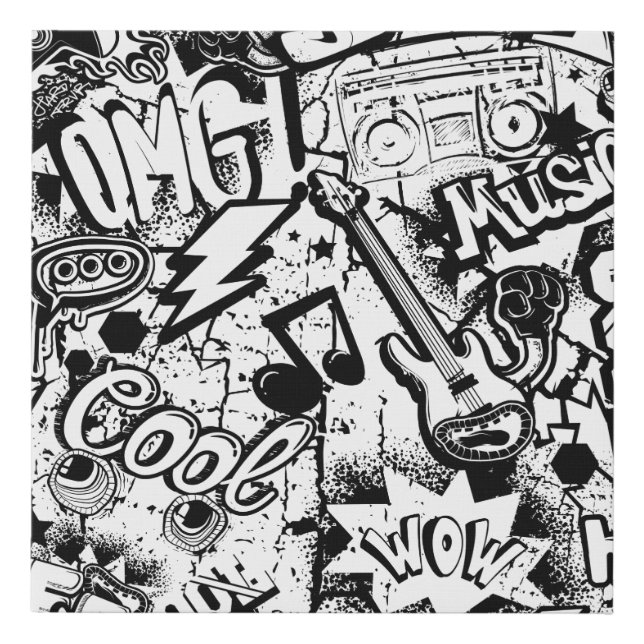 Abstract seamless black and white comics graffiti  faux canvas print (Front)