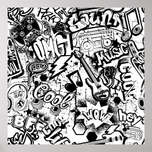 Abstract seamless black and white comics graffiti  poster