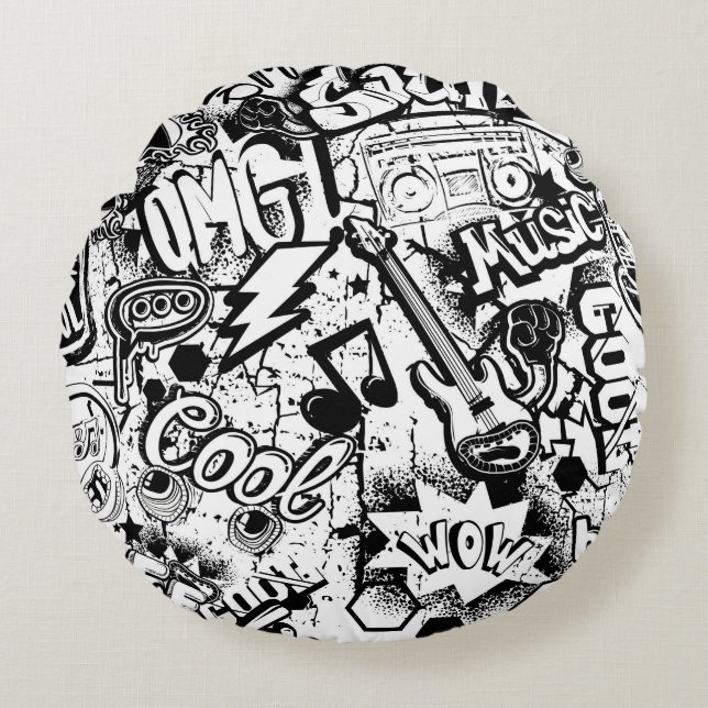 Abstract seamless black and white comics graffiti  round pillow (Front)