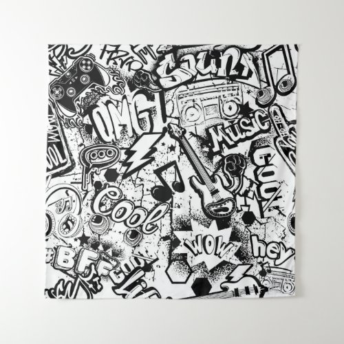 Abstract seamless black and white comics graffiti  tapestry