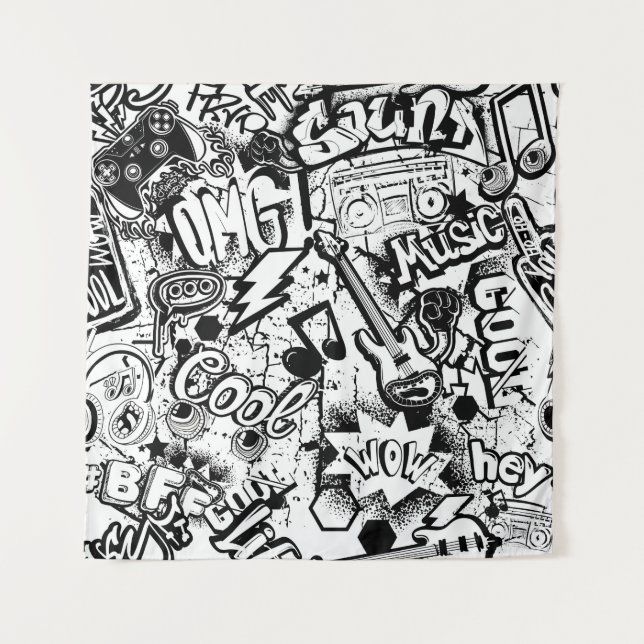 Abstract seamless black and white comics graffiti  tapestry (Front)