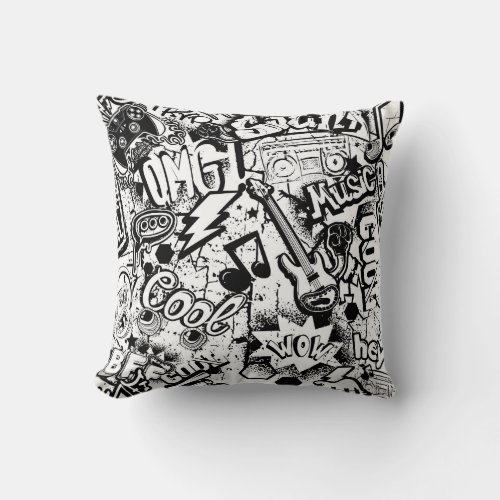Abstract seamless black and white comics graffiti  throw pillow