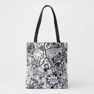 Abstract seamless black and white comics graffiti tote bag