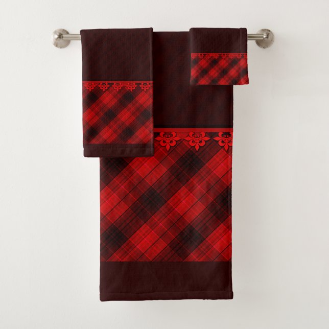 Abstract seamless checkered plaid red brown tartan bath towel set (Insitu)