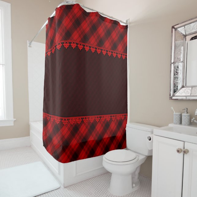 Abstract seamless checkered plaid red brown tartan shower curtain (In Situ)