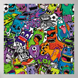 Abstract seamless comics monsters. Cartoon mutant  Poster