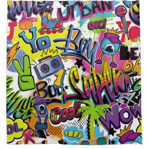 Abstract seamless comics pattern with palm tree, h shower curtain