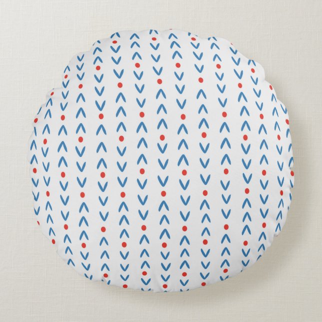 Abstract seamless pattern in blue and red on cream round pillow (Front)