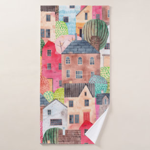 Abstract seamless pattern with houses. Watercolor Bath Towel