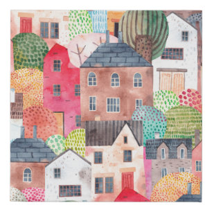 Abstract seamless pattern with houses. Watercolor  Faux Canvas Print