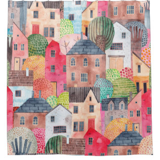 Abstract seamless pattern with houses. Watercolor Shower Curtain