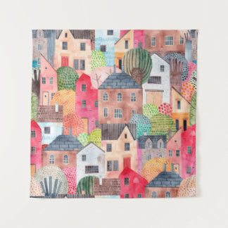 Abstract seamless pattern with houses. Watercolor Tapestry