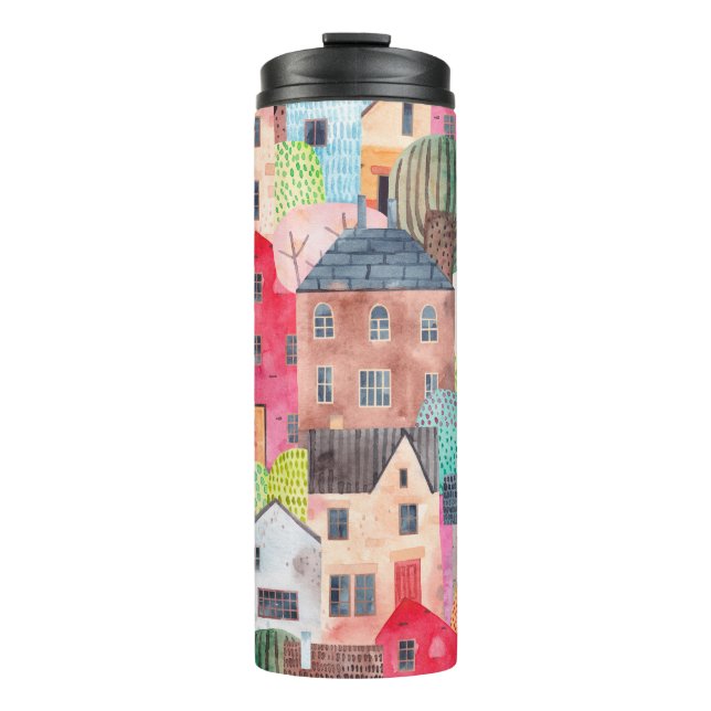 Abstract seamless pattern with houses. Watercolor  Thermal Tumbler (Front)
