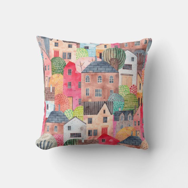 Abstract seamless pattern with houses. Watercolor  Throw Pillow (Front)