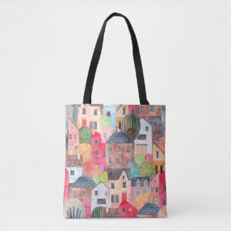 Abstract seamless pattern with houses. Watercolor Tote Bag