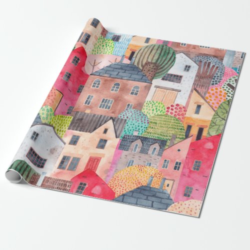 Abstract seamless pattern with houses Watercolor  Wrapping Paper