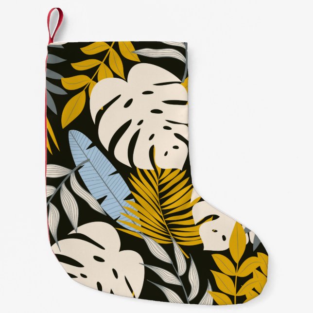 Abstract seamless pattern with tropical leaves and small christmas stocking (Front)