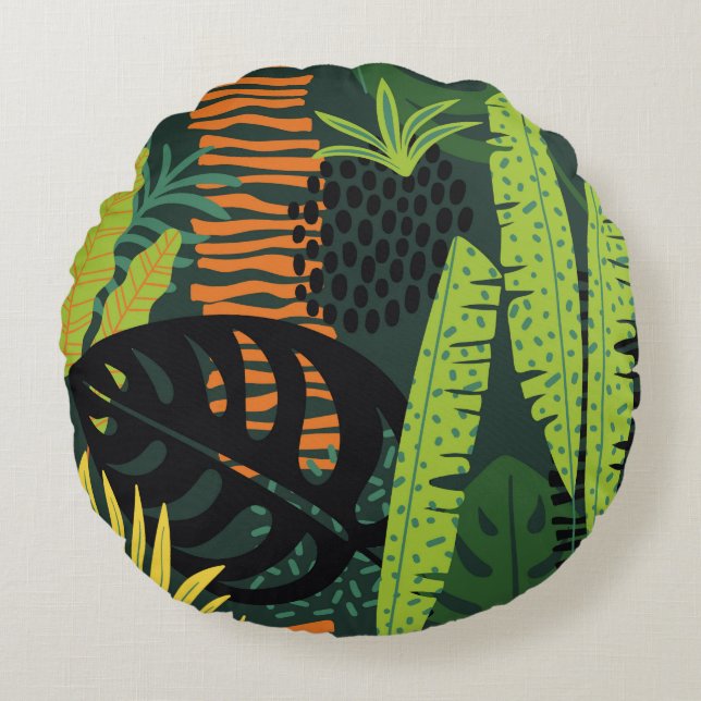 Abstract seamless pattern with tropical leaves. Ha Round Pillow (Front)