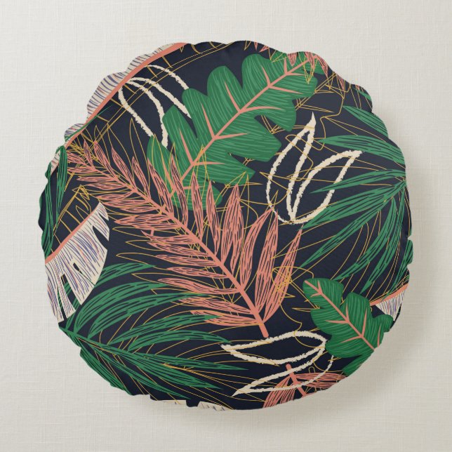 Abstract seamless pattern with tropical leaves on  round pillow (Front)