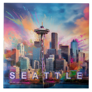 Abstract Seattle Skyline Art Modern Cityscape Ceramic Tile