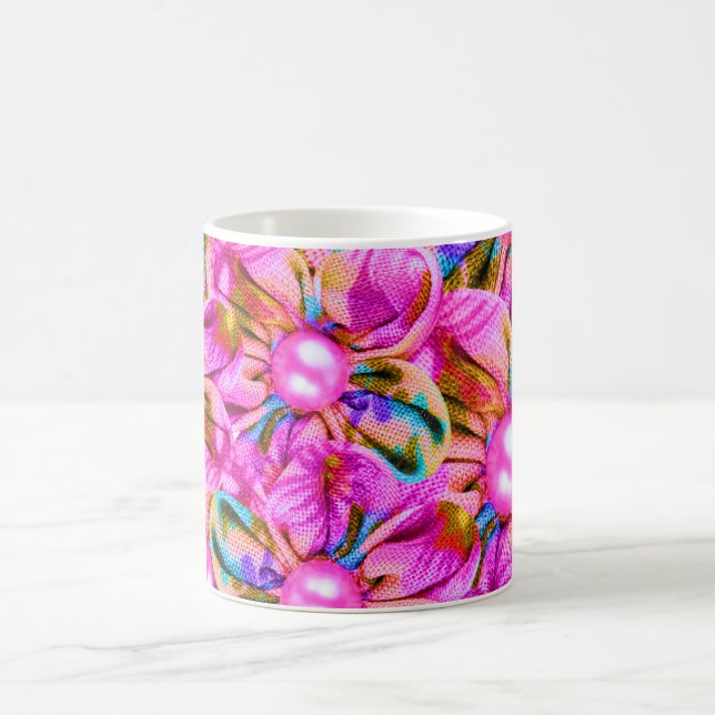 Abstract sewn pink flowers coffee mug (Center)