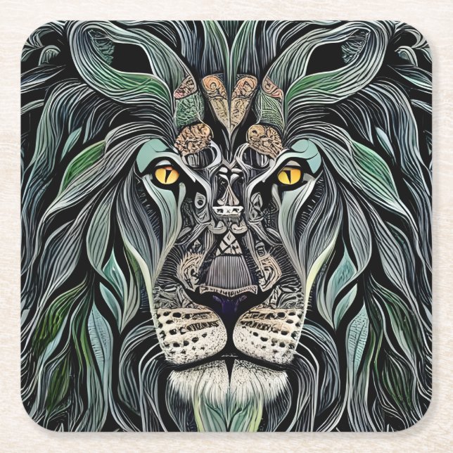 Abstract Shabby Chic King Lion Square Paper Coaster (Front)
