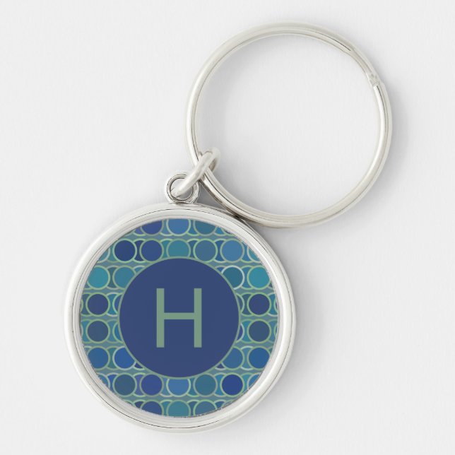 Abstract Shades of Blue Circle Pattern Monogram Keychain (Front)