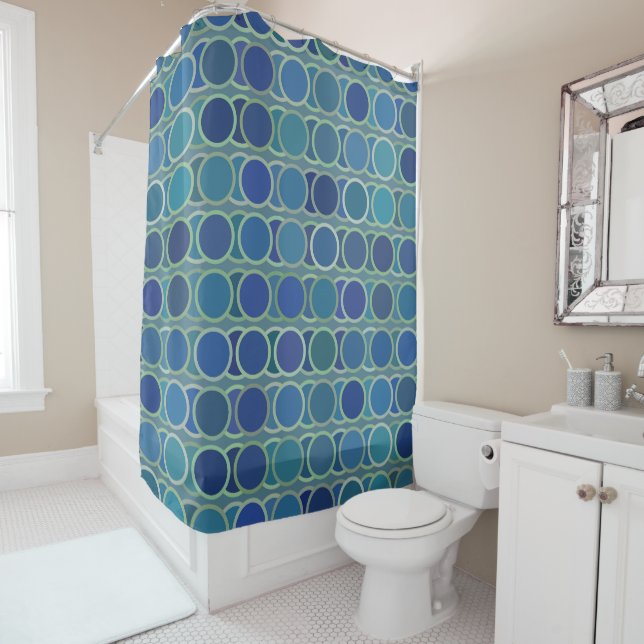 Abstract Shades of Blue Circle Pattern Shower Curtain (In Situ)