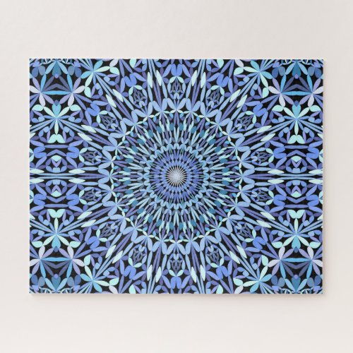 Abstract Shades of Blue Floral Mandala Pattern Jigsaw Puzzle