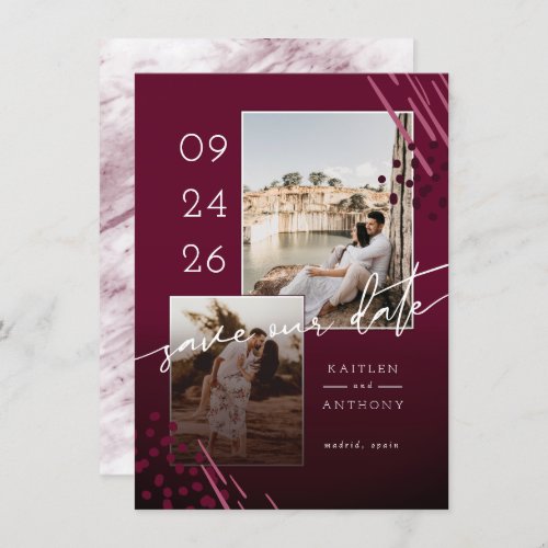 Abstract Shapes Burgundy Marble Back  2 Photos Save The Date