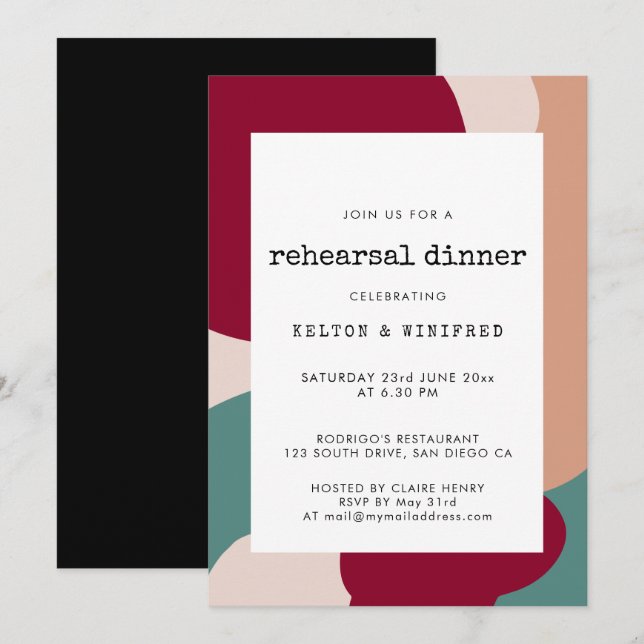 Abstract shapes contemporary rehearsal dinner invitation (Front/Back)