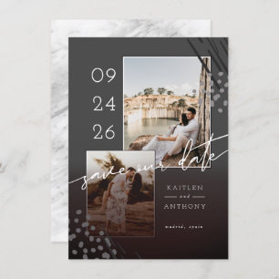 Abstract Shapes Dark Gray Marble Back & 2 Photos Save The Date
