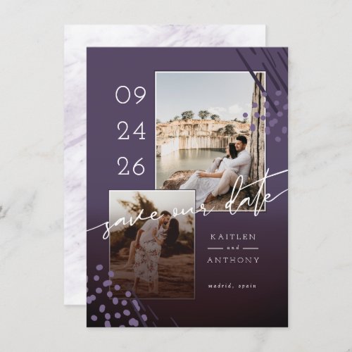 Abstract Shapes Dark Purple Marble Back  2 Photos Save The Date