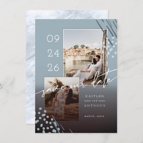 Abstract Shapes Dusty Blue Marble Back  2 Photos Save The Date