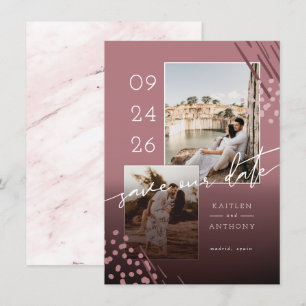 Abstract Shapes Dusty Rose Marble Back & 2 Photos Save The Date