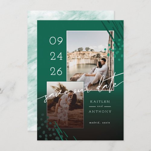 Abstract Shapes Emerald Marble Back  2 Photos Save The Date