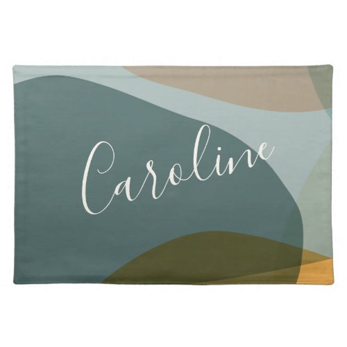 Abstract Shapes in Teal Personalized Script Name   Cloth Placemat